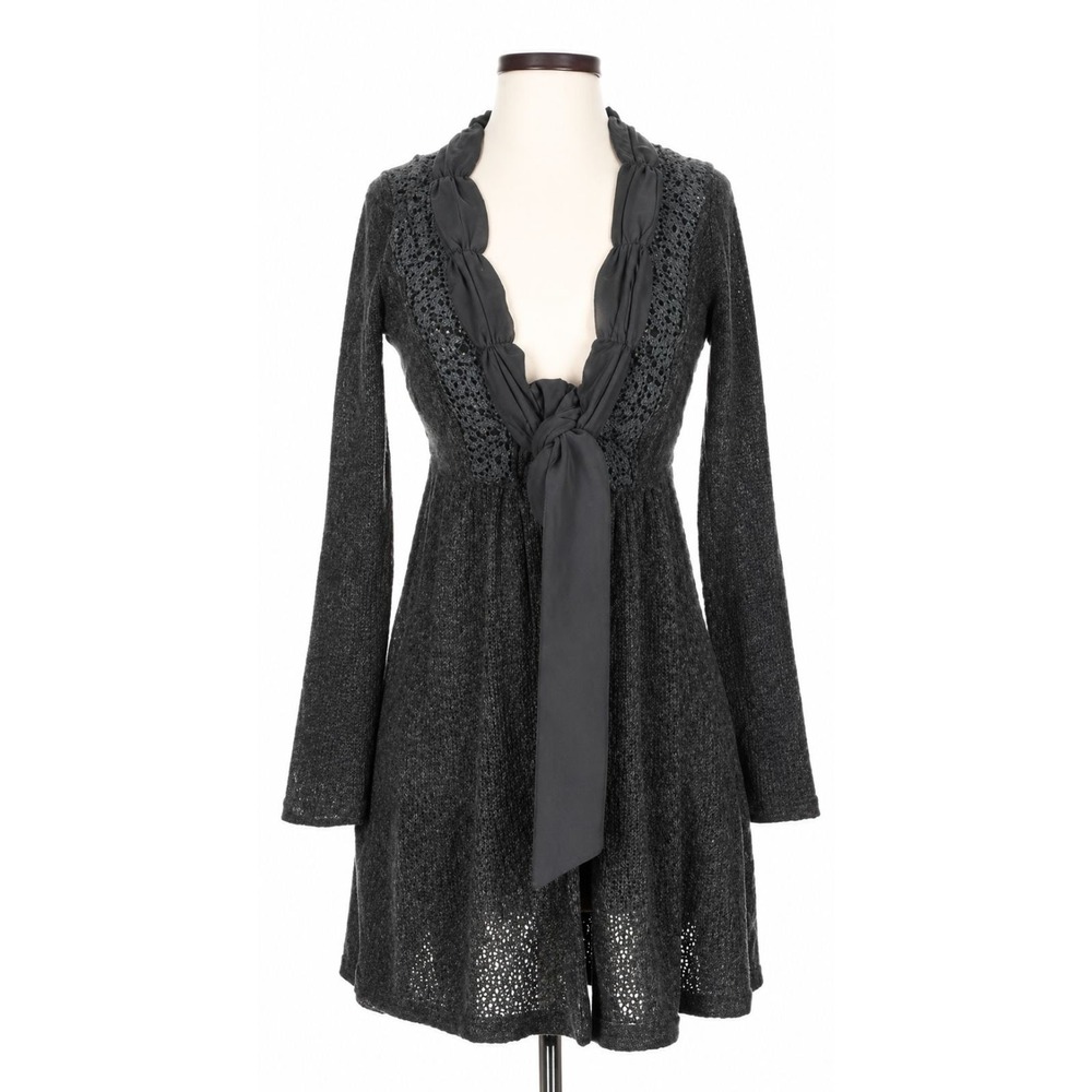 Areve Women Gray Ruffle Bow Lace Trim Longline Boho Cardigan Sweater Sz S 1110H3